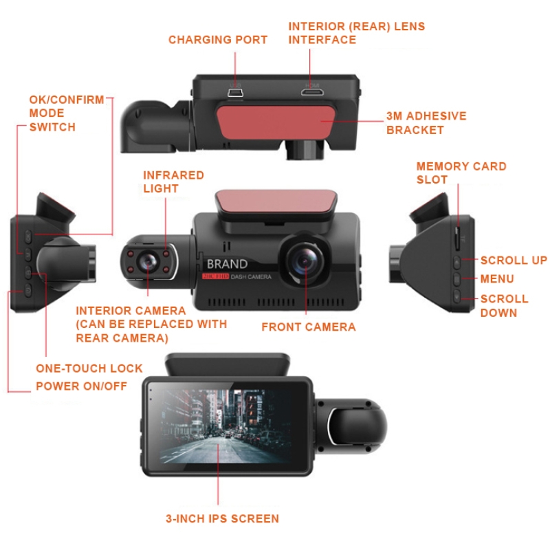 3-Inch Car DVR Driving Recorder - Front and Rear Dual Lens Camera with Wide Angle, Parking Reversing, and Night Vision