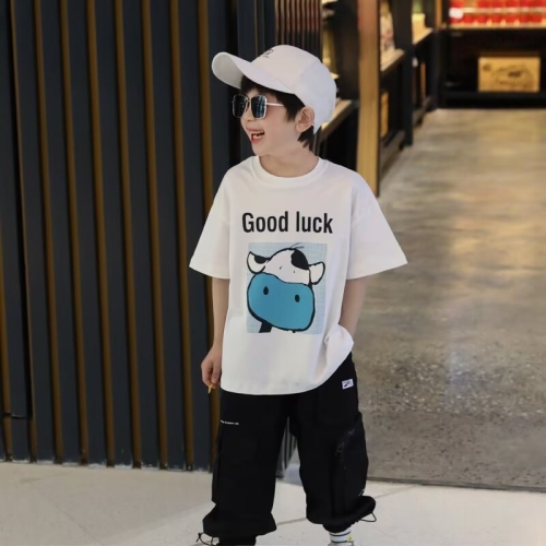 2024 new cotton cartoon print GOODLUCK Korean version of the cartoon short-sleeved T-shirt for middle and large children in summer