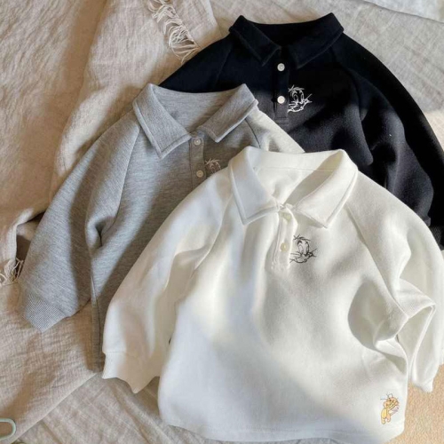 Spring and Autumn Boys' Handsome Long-sleeved POLO Shirt Children's Girls Korean Cartoon Bottom Lapel T-shirt Trendy