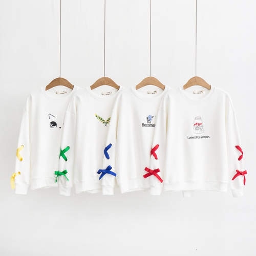 Spring college style female students small fresh round neck pullover cartoon embroidery long sleeve sweater top