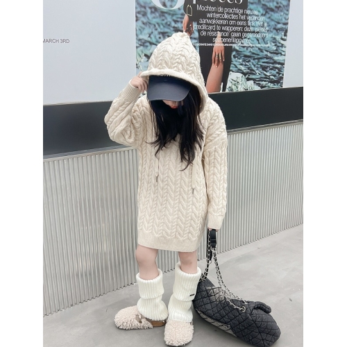 Girls' mid-length sweater outerwear autumn and winter children's hooded pullover knitted sweater Korean version girls twist loose top