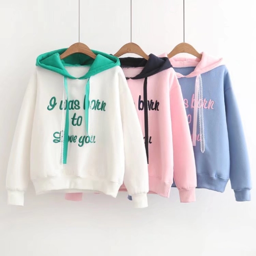 College style letter embroidery plus velvet sweater for women  autumn and winter wear lace drawstring hooded sweater