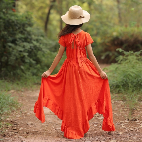 Children's clothing girls summer solid color cotton and linen strappy backless dress for middle and large children short-sleeved irregular evening dress