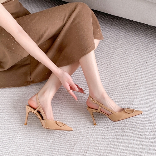 Designer Women's High Heels Sandals - Metal V-Button Pointed Toe Matte Classic Wedding Shoes