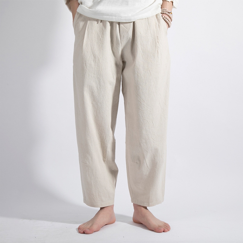 Men’s Cotton-Linen Drawstring Pants – Elastic Waist Casual Trousers