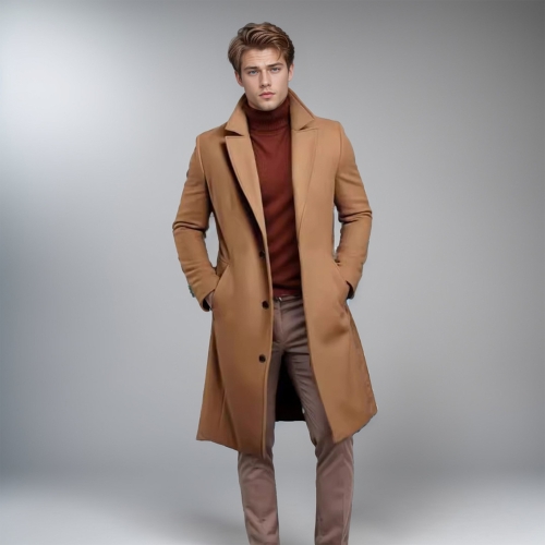 Men’s Double-Breasted Long Trench Coat – Notch Lapel Casual Cotton Blend Overcoat