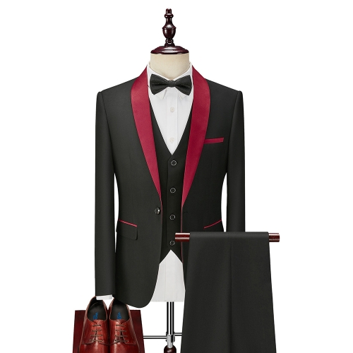 Men’s Slim Fit 3-Piece Suit – Single Button Solid Color Shawl Lapel Blazer, Vest, Trousers with Tie and Pocket Square