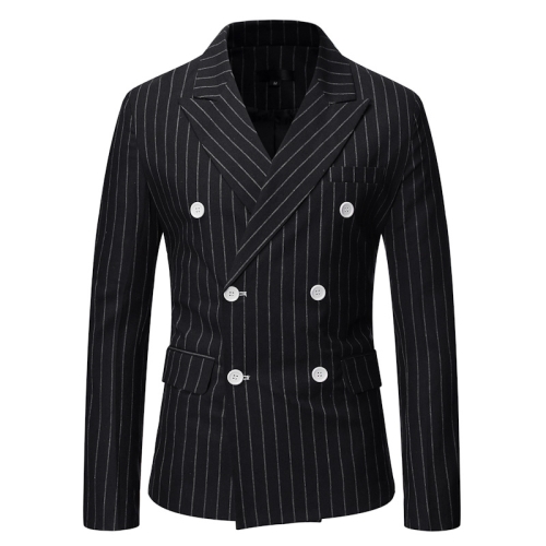 Men’s Double-Breasted Striped Blazer – European Style Peak Lapel Business Suit