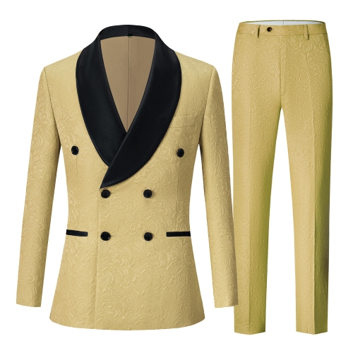 Men’s Jacquard Double-Breasted Suit – Solid Color Shawl Lapel Tuxedo Set