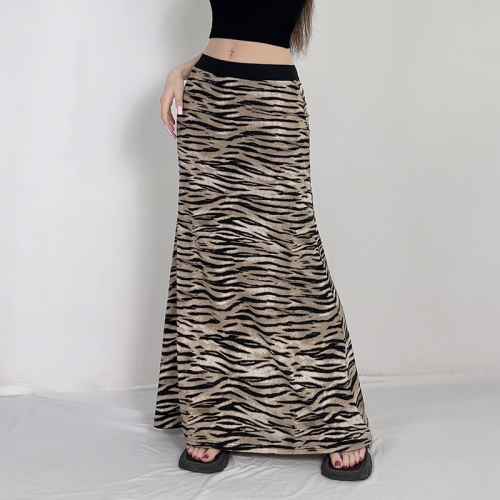 Holiday style tiger print contrast waist stitching skirt temperament hot girl long A-line skirt