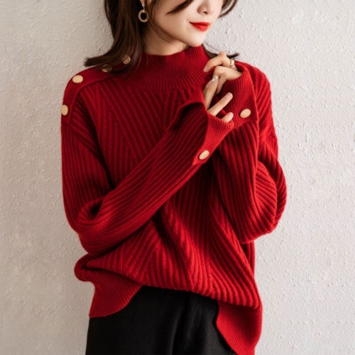 Half-high collar Christmas red sweater loose temperament versatile long-sleeved sweater