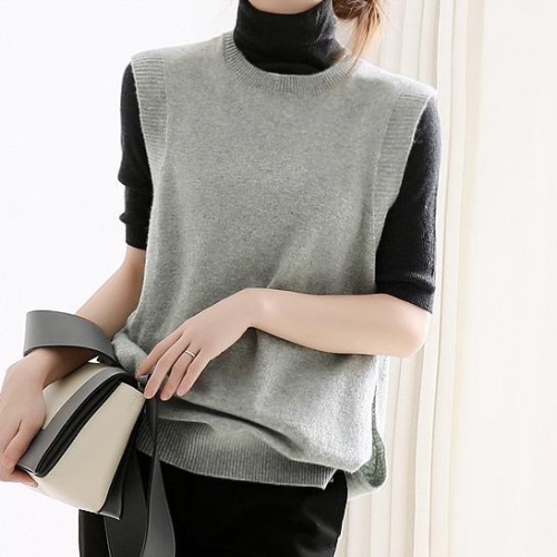 Knitted vest women's vest outer wear sweater outer wear short pullover round neck warm knitted waistcoat layered wear