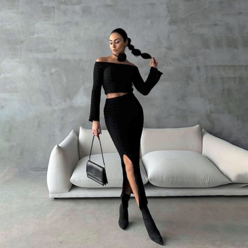 Cable-patterned off-shoulder long-sleeved sweater for women, short top, elegant and fashionable, high-waisted, slimming, split-slit hip skirt, two-piece suit