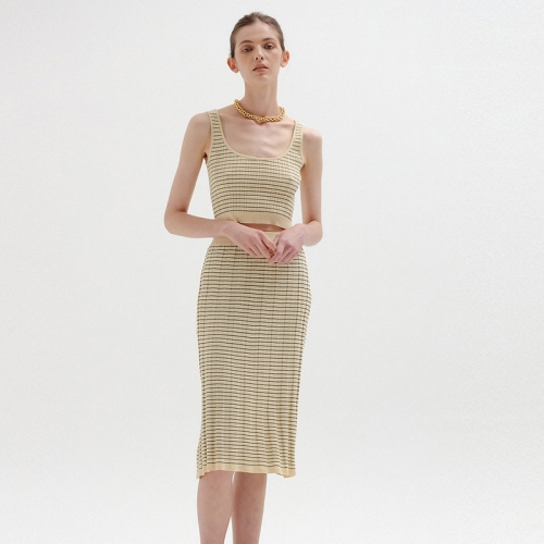 Slim fit lapel fashion knitted cardigan striped long sleeve sleeveless vest hip skirt three piece suit