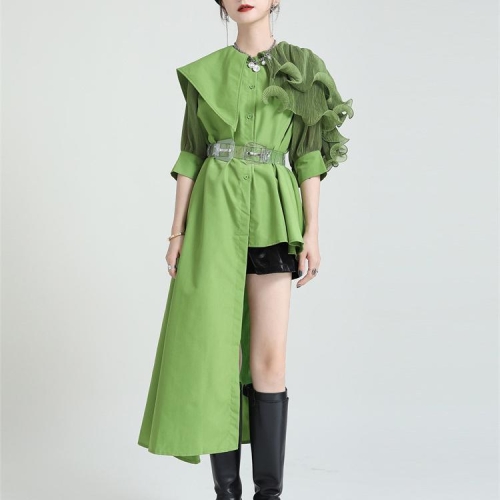Design niche irregular splicing pleated puff sleeve shirt women's lotus leaf waist asymmetrical top
