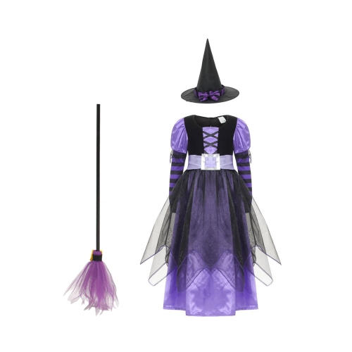Fairytale Purple Witch Cute Witch Costume Deluxe Set with Broom for Girls