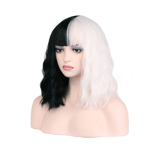 Halloween Black & White Split Synthetic Wig – Two-Tone Costume Hairpiece