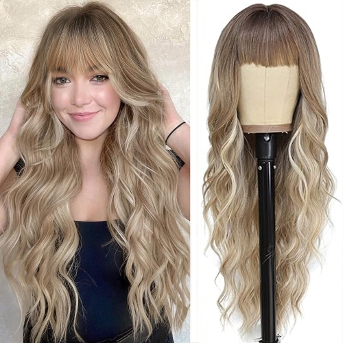 Blonde bangs wig long wavy curly gradient color wig suitable for women's daily party