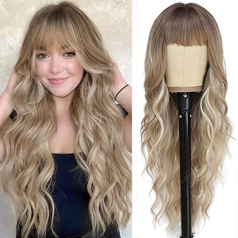 Blonde bangs wig long wavy curly gradient color wig suitable for women's daily party