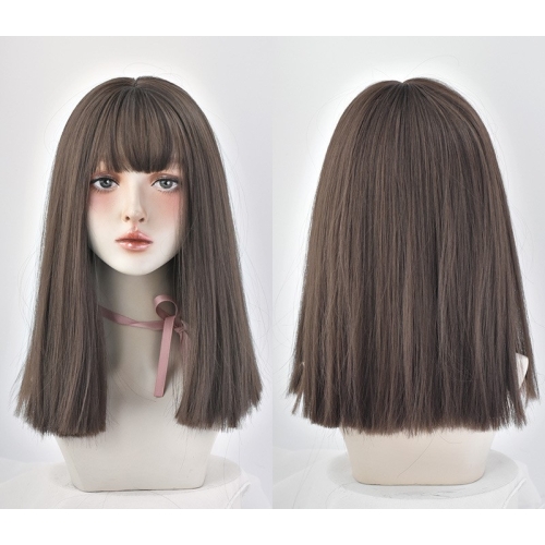 18 Inch Long Wig Women Synthetic Hair Natural Long Straight Wig with Bangs Party Cosplay Wig (Black Brown)