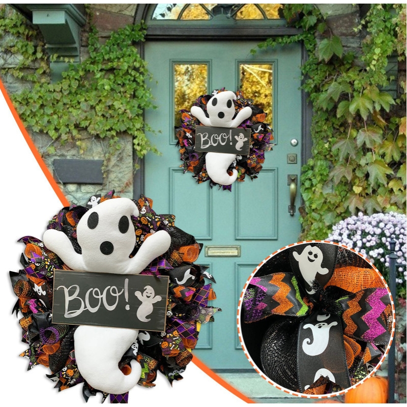 Halloween Door Hanging Ghost Wreath Ornament Welcome Sign Indoor Outdoor Style