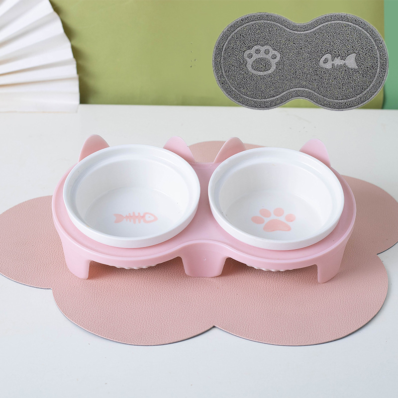 Ceramic overhead cat bowl with metal stand to protect spine