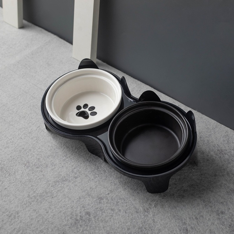 Ceramic overhead cat bowl with metal stand to protect spine