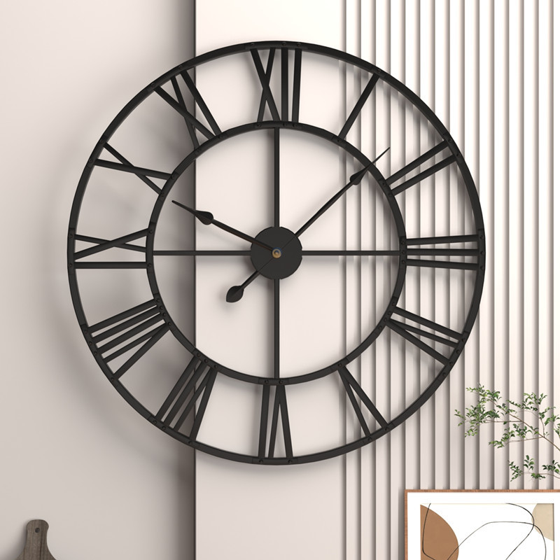 Large Modern Metal Wall Clock Country Style Round Battery Powered Roman Digital Clock