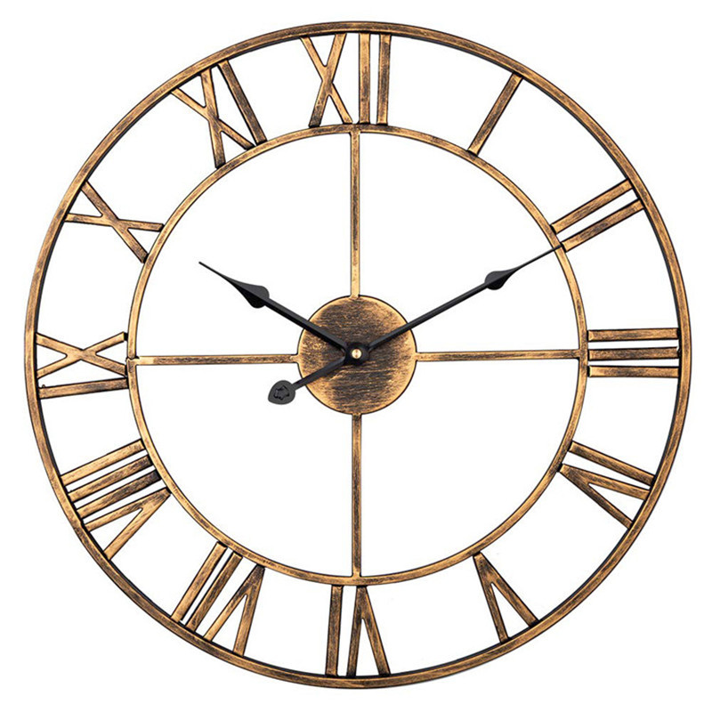 Large Modern Metal Wall Clock Country Style Round Battery Powered Roman Digital Clock