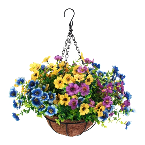 Artificial Hanging Plant Flower Basket Outdoor Indoor Yard Lawn Garden Decoration, Fake Silk Flower Basket 12 Inch Coconut Lined Chain Palm Flower Pot