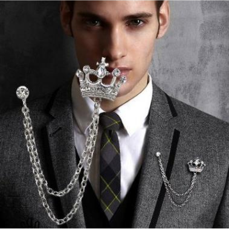 Crystal Crown Brooch Pin – Elegant Double Chain Collar Clip & Lapel Pin for Shirts and Sweaters, Includes Gift Box