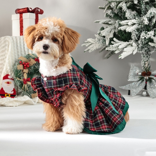 Pet Clothes Christmas Classic Plaid Skirt Puppy Holiday Clothes Ruffle Sleeve Dog Clothes