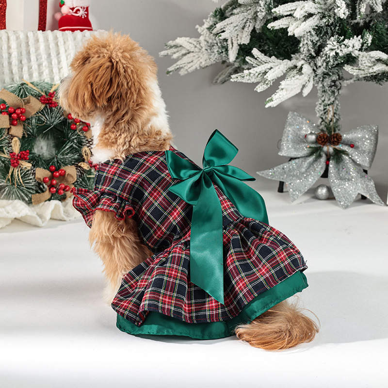 Pet Clothes Christmas Classic Plaid Skirt Puppy Holiday Clothes Ruffle Sleeve Dog Clothes