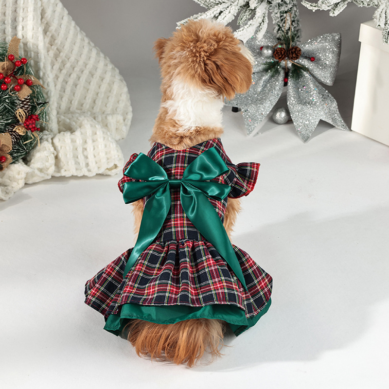 Pet Clothes Christmas Classic Plaid Skirt Puppy Holiday Clothes Ruffle Sleeve Dog Clothes
