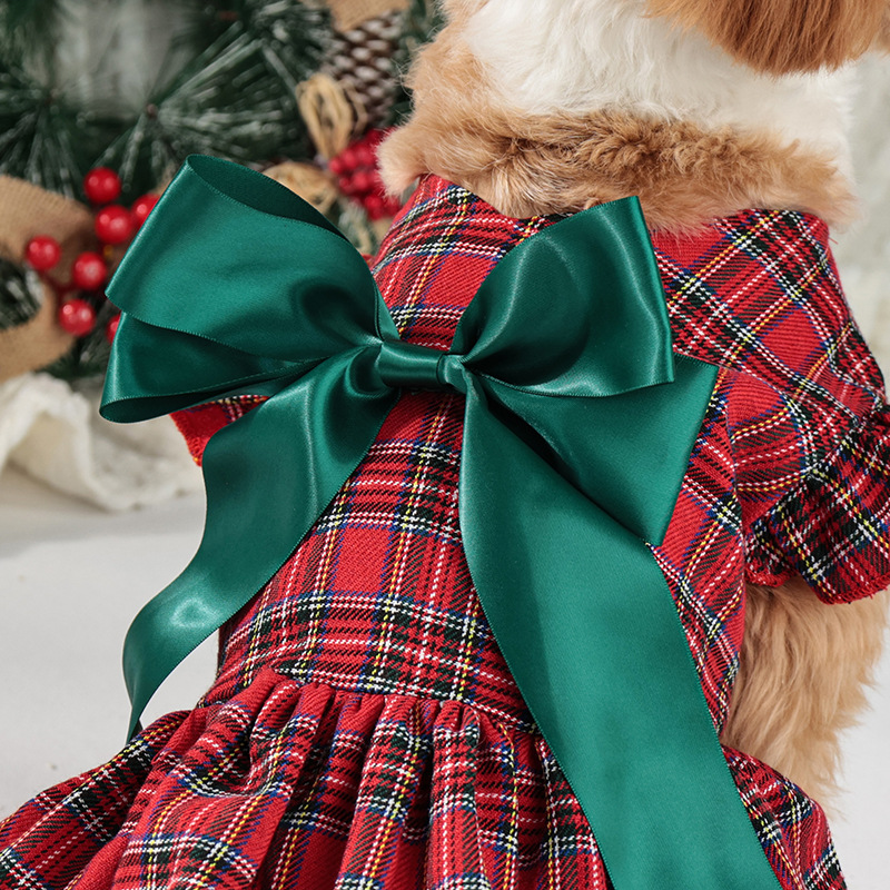 Pet Clothes Christmas Classic Plaid Skirt Puppy Holiday Clothes Ruffle Sleeve Dog Clothes