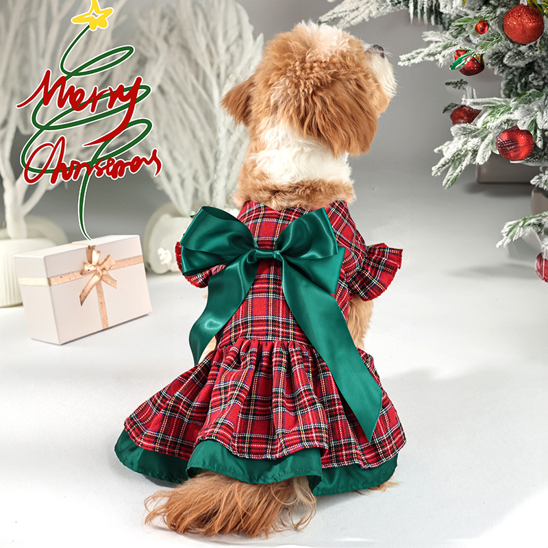 Pet Clothes Christmas Classic Plaid Skirt Puppy Holiday Clothes Ruffle Sleeve Dog Clothes