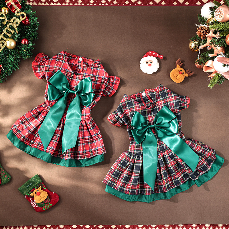 Pet Clothes Christmas Classic Plaid Skirt Puppy Holiday Clothes Ruffle Sleeve Dog Clothes