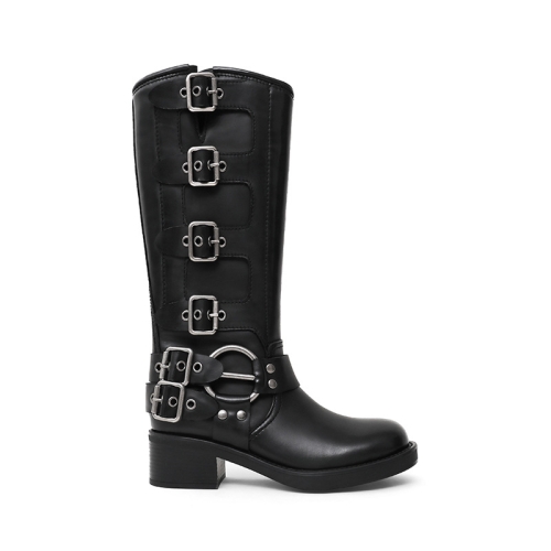 Luxury Cowhide Leather Biker Knee Boots - Harness Belt Buckled with Chunky Heel and Square Toe